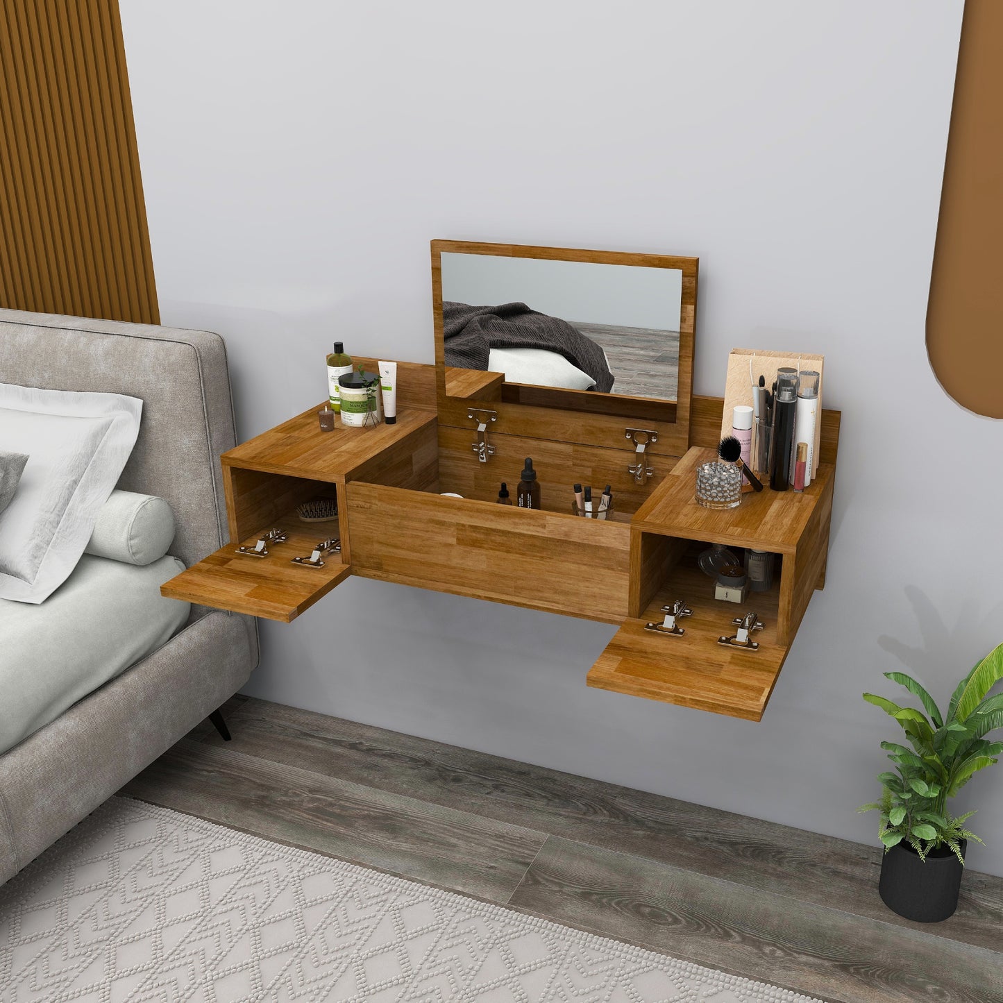 Solid Pine Wood Handmade Makeup Vanity Table with Mirror and Storage Cabinet Beryl