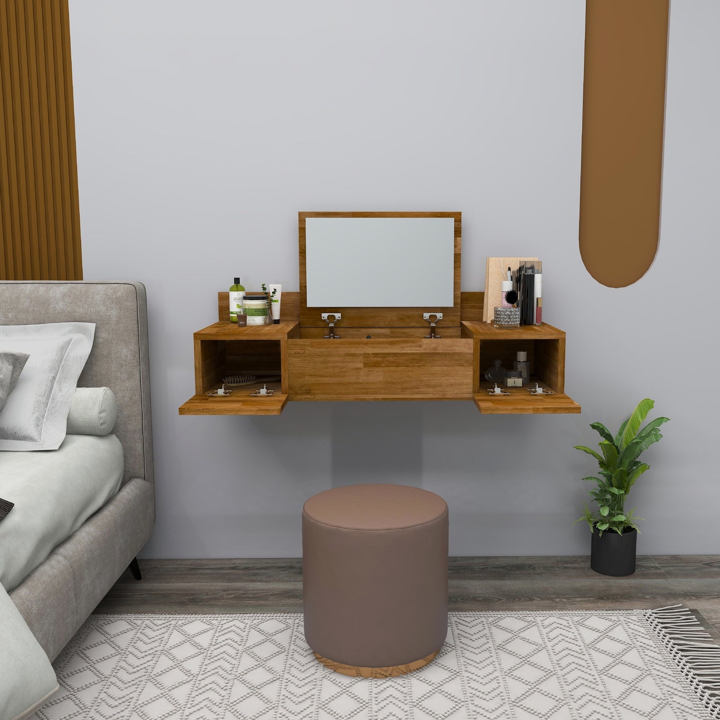 Solid Pine Wood Handmade Makeup Vanity Table with Mirror and Storage Cabinet Beryl