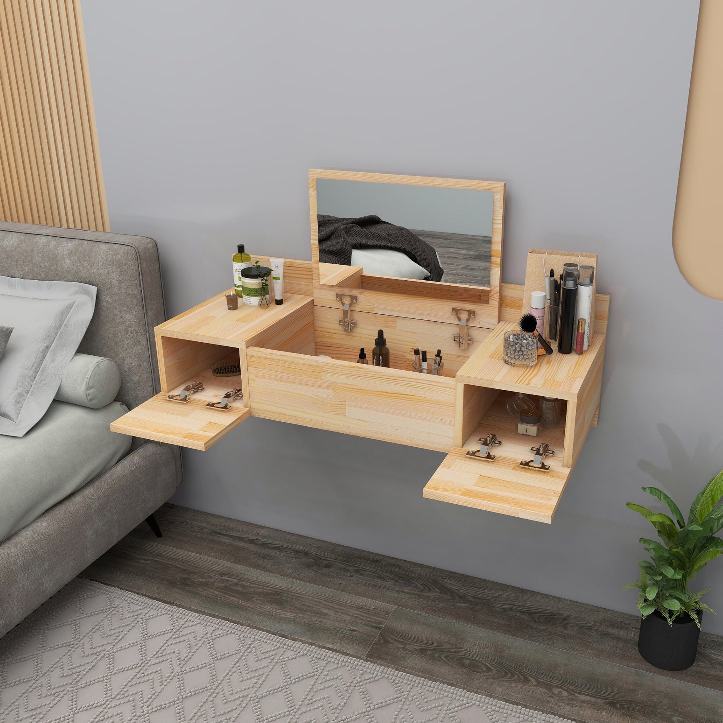 Solid Pine Wood Handmade Makeup Vanity Table with Mirror and Storage Cabinet Beryl