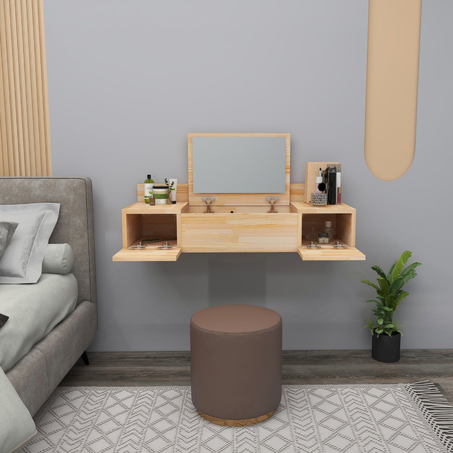 Solid Pine Wood Handmade Makeup Vanity Table with Mirror and Storage Cabinet Beryl