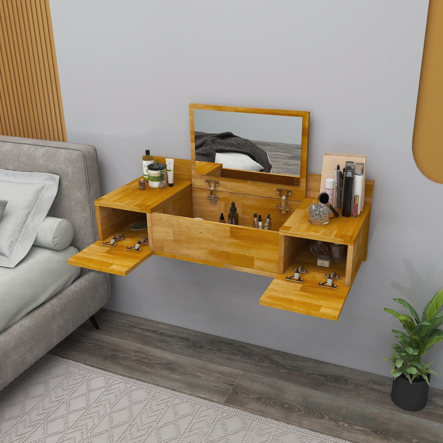 Solid Pine Wood Handmade Makeup Vanity Table with Mirror and Storage Cabinet Beryl