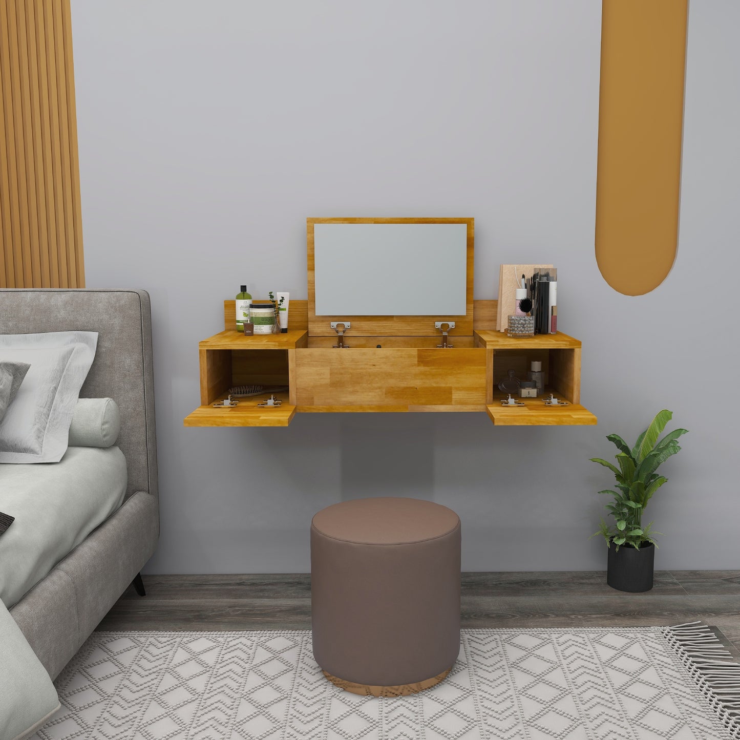 Solid Pine Wood Handmade Makeup Vanity Table with Mirror and Storage Cabinet Beryl