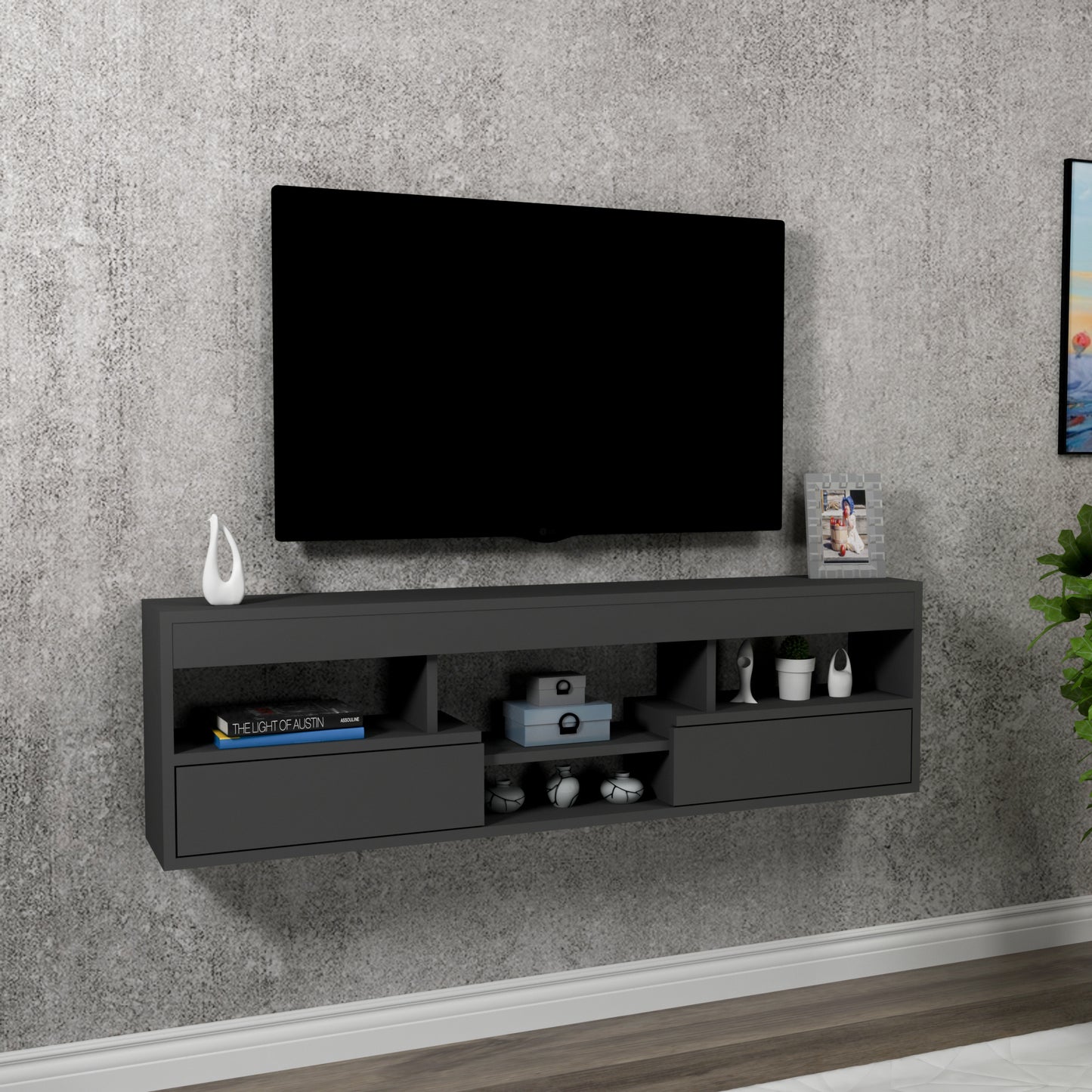Boris Floating TV Stand with Shelves and Cabinets