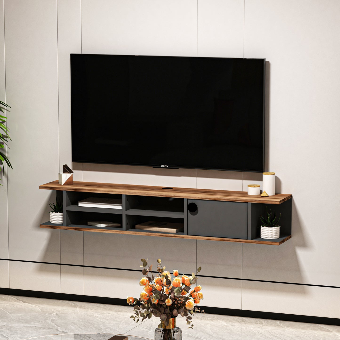 Chris Floating TV Stand with Shelves and Cabinets