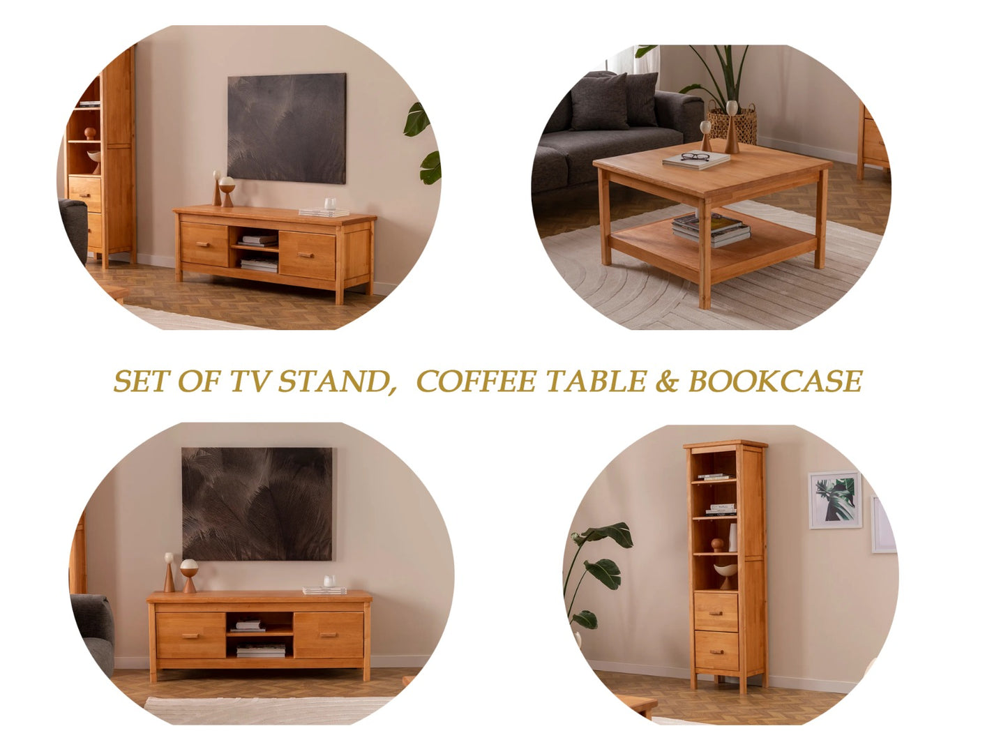 Solid Pine Wood Handmade TV Stand, Coffee Table & Bookcase - Set of 3 Dawn