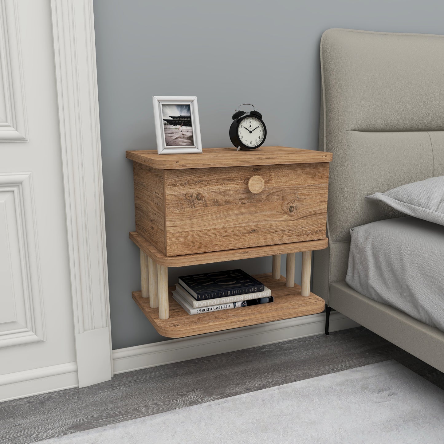 Serene Wall Mounted Nightstand with Cabinet