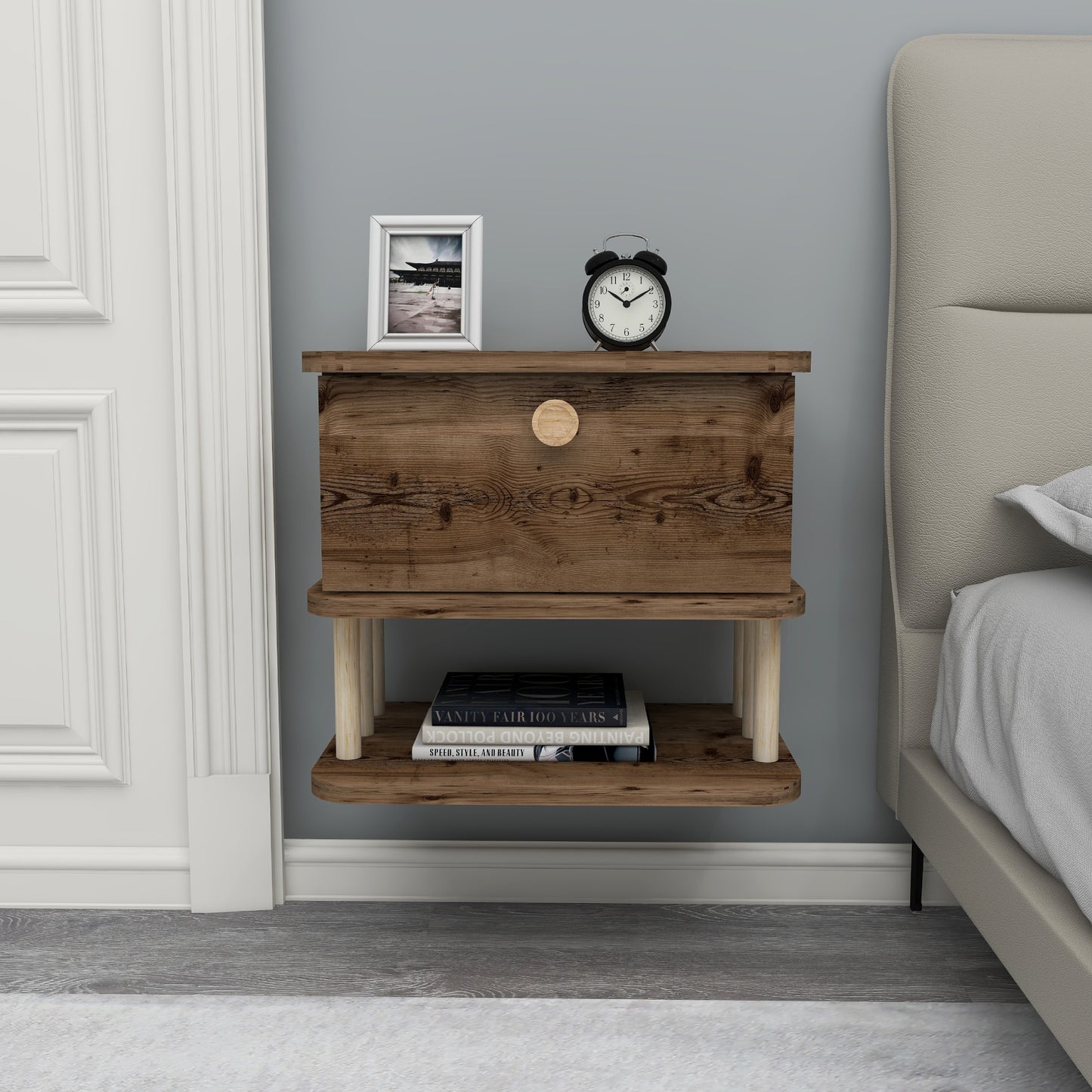 Serene Wall Mounted Nightstand with Cabinet