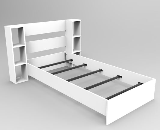 Estructura de cama con listones de metal y estantes de almacenamiento Erica
