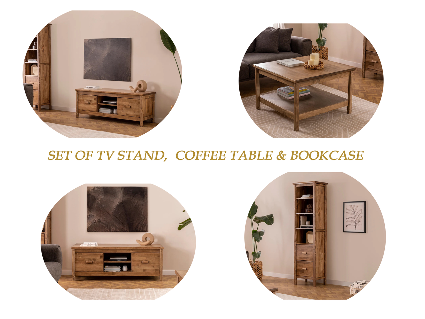 Solid Pine Wood Handmade TV Stand, Coffee Table & Bookcase - Set of 3 Dawn