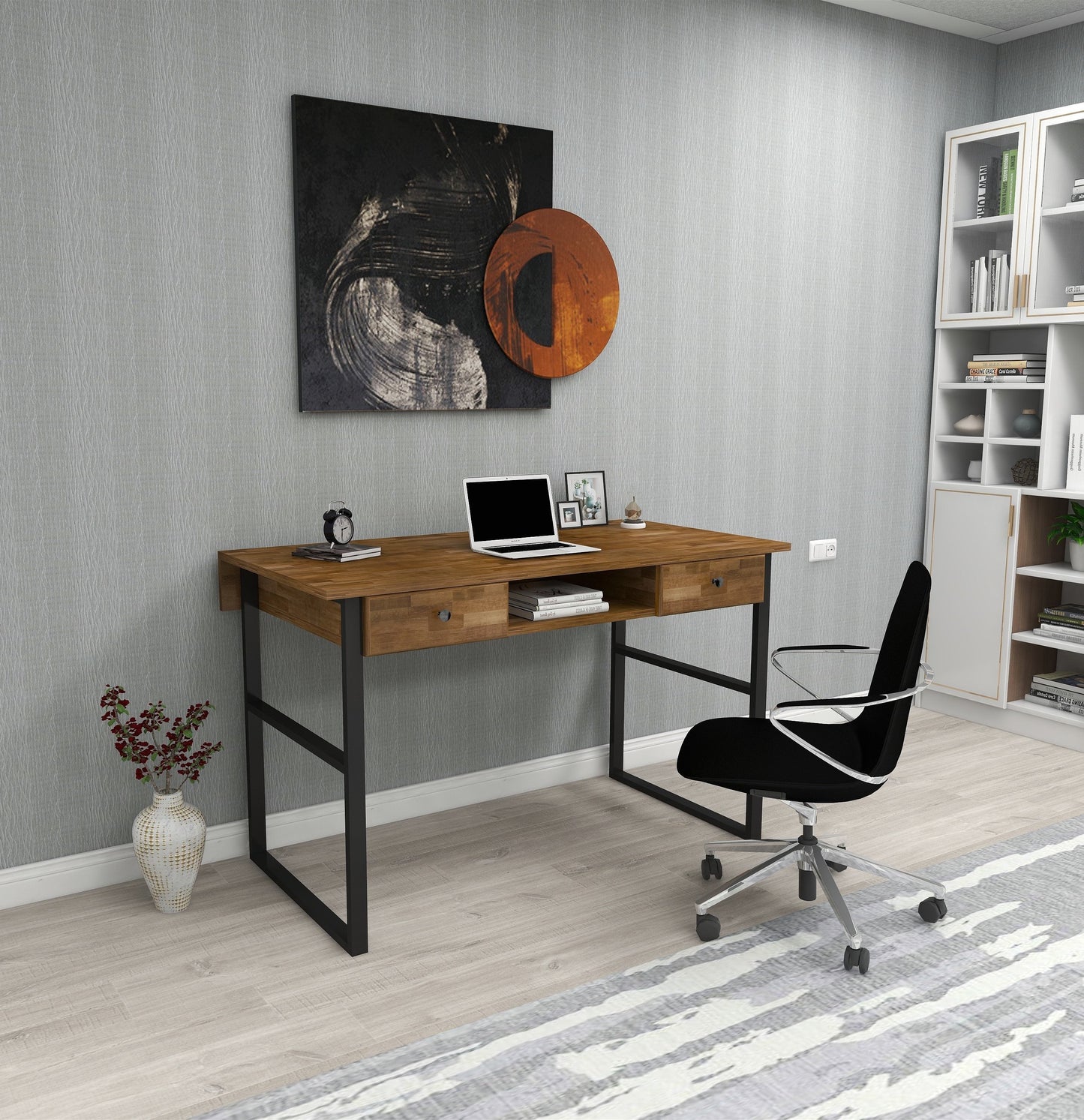 Solid Pine Wood Metal Frame Handmade Computer Desk with Drawers Elowen