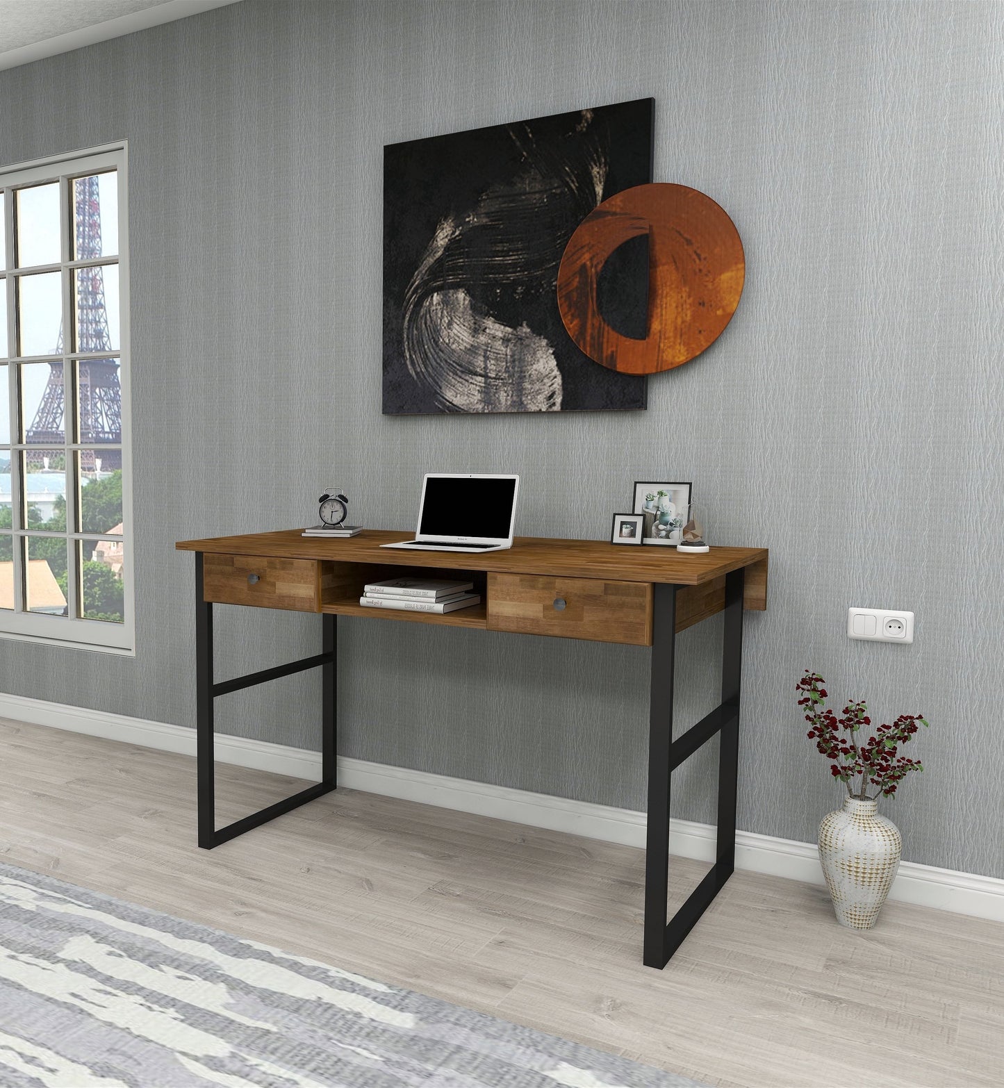 Solid Pine Wood Metal Frame Handmade Computer Desk with Drawers Elowen