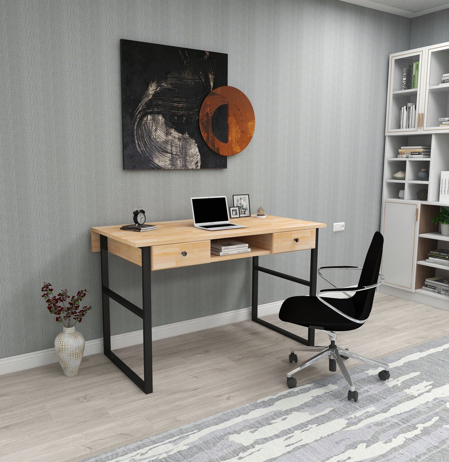 Solid Pine Wood Metal Frame Handmade Computer Desk with Drawers Elowen