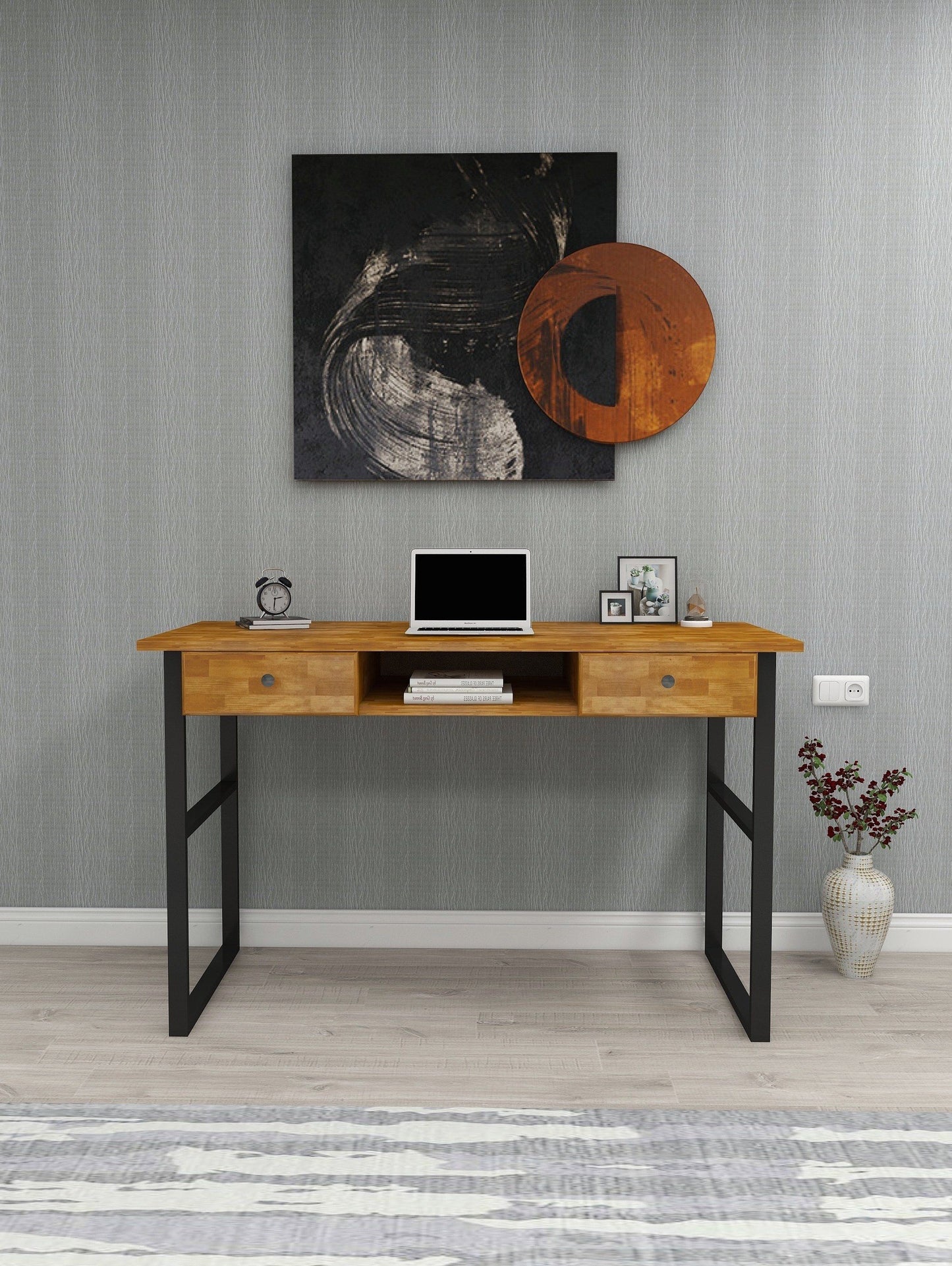 Solid Pine Wood Metal Frame Handmade Computer Desk with Drawers Elowen