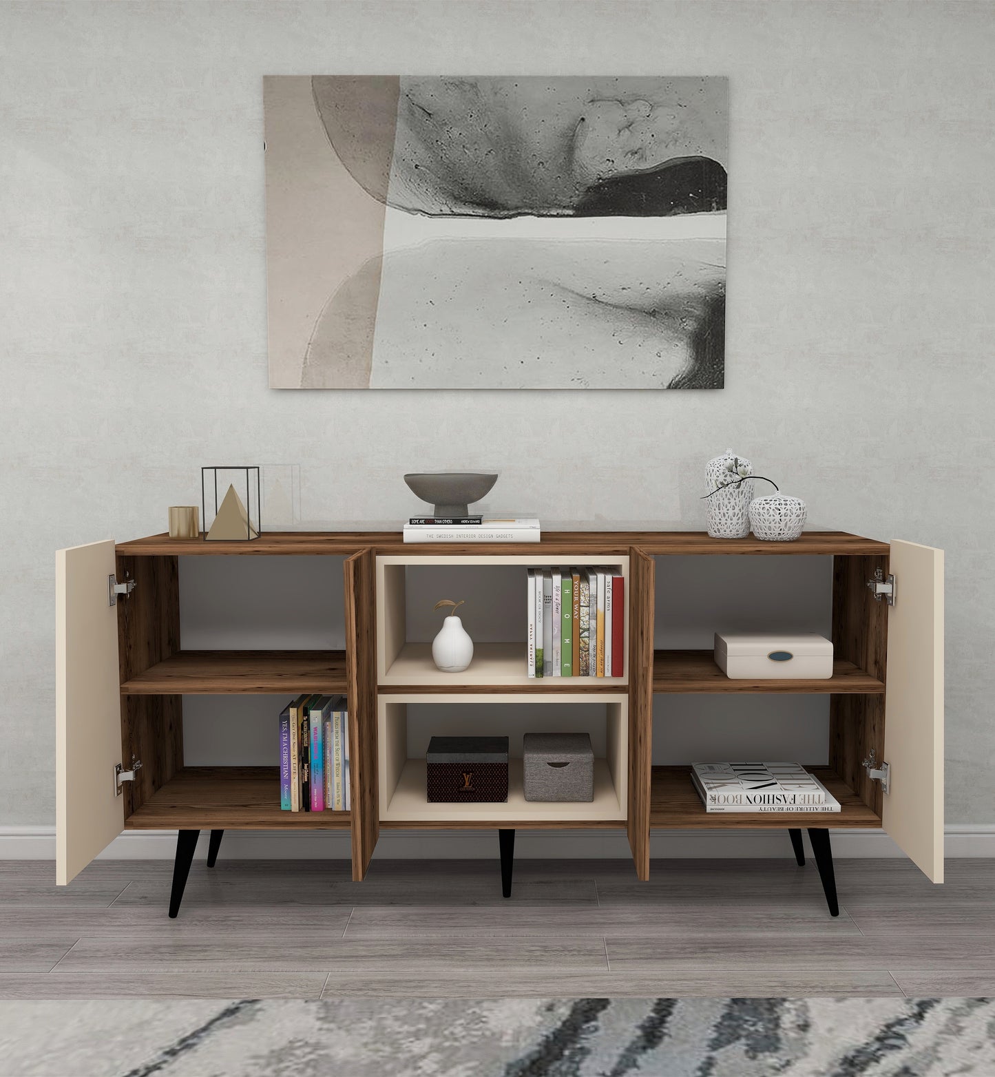 sideboard, console cabinet, storage cabinet, cupboard, buffet, closet, credenza, cellarette