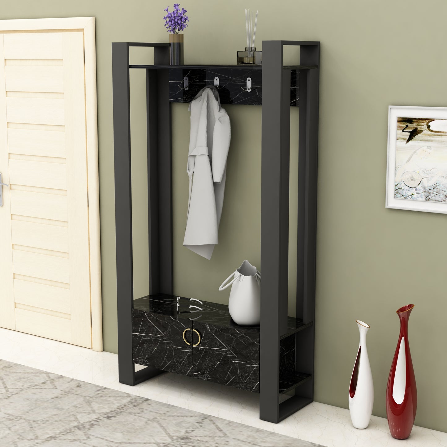 hat-stand, hat tree, hat rack, hallway storage, hall tree, coat-tree, coat stand, coat rack, coat hanger, clothes tree, clothes stand, clothes rack