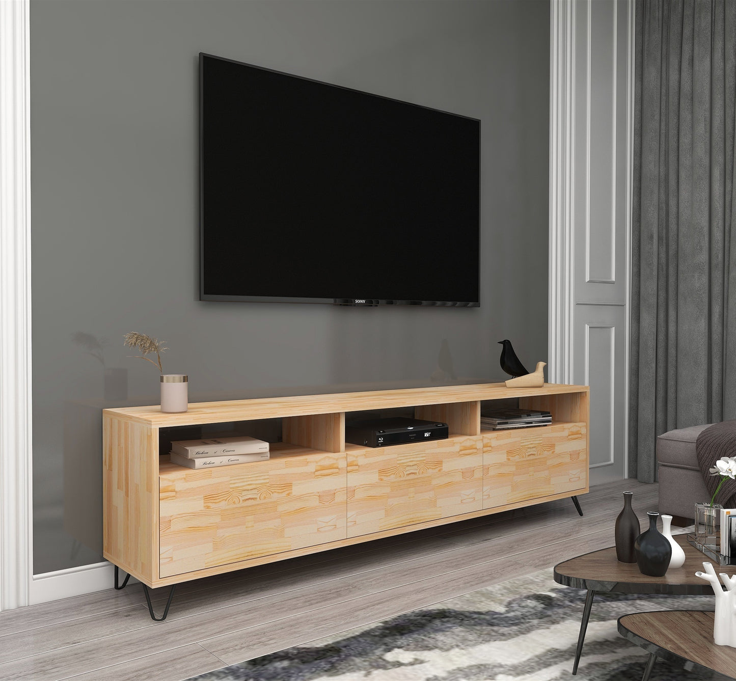 Meuble TV et console multimédia en bois de pin et métal fait main pour téléviseurs jusqu'à 77 pouces Oliver