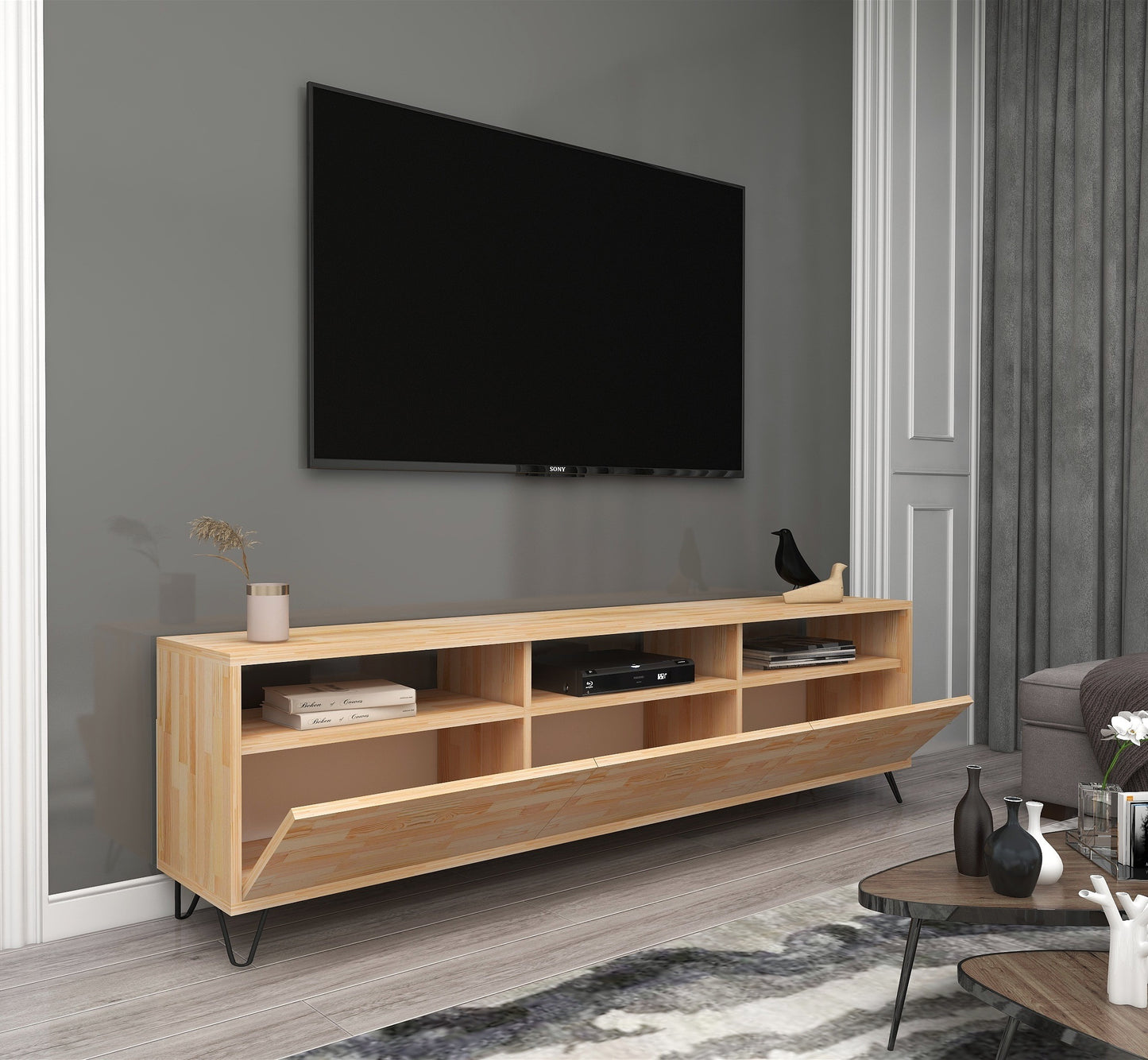 Oliver Pine Wood Metal Handmade TV Stand and Media Console for TVs up to 77"