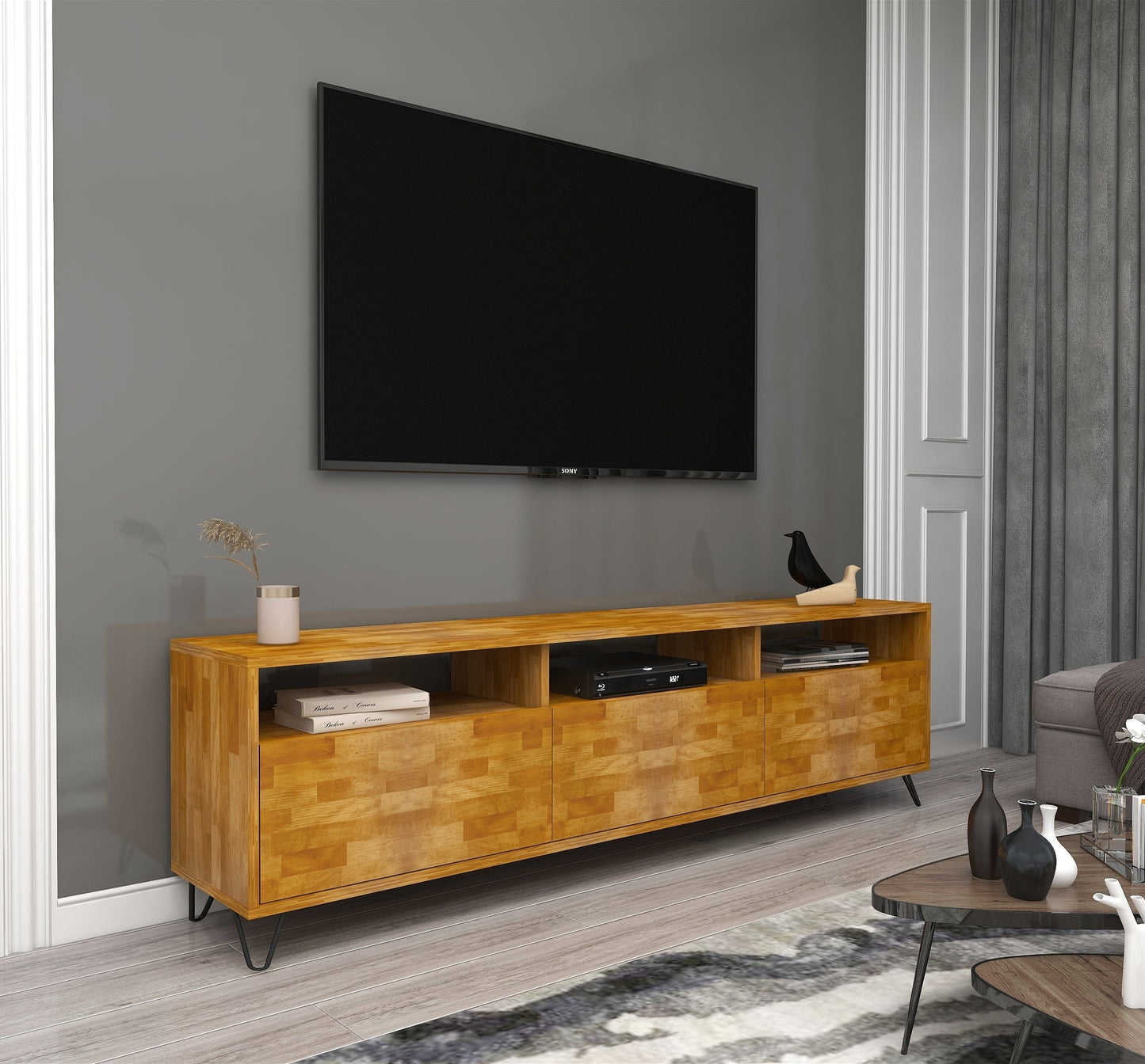 Meuble TV et console multimédia en bois de pin et métal fait main pour téléviseurs jusqu'à 77 pouces Oliver