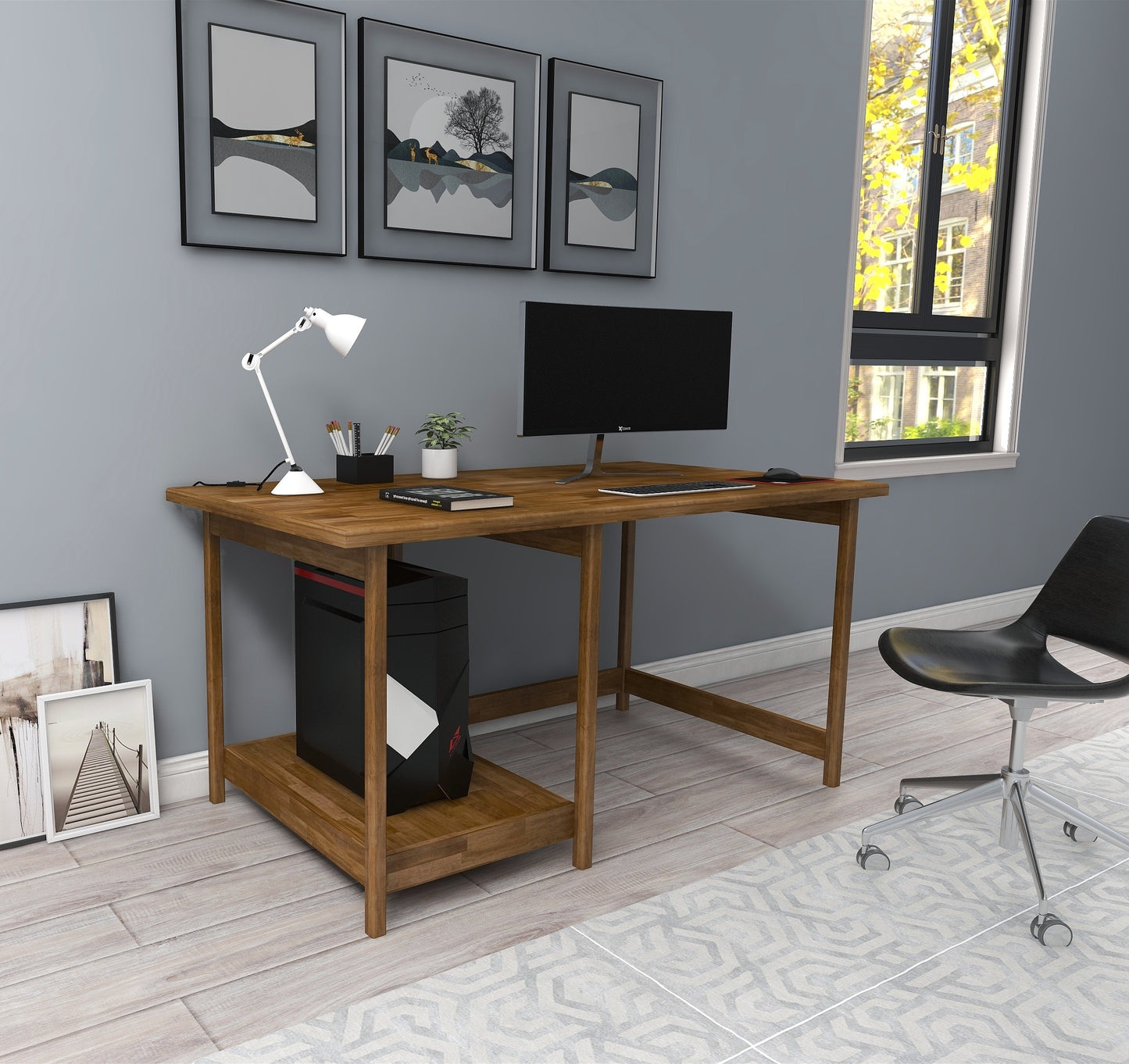 Solid Pine Wood Wood Handmade Computer Desk with Shelf Faye