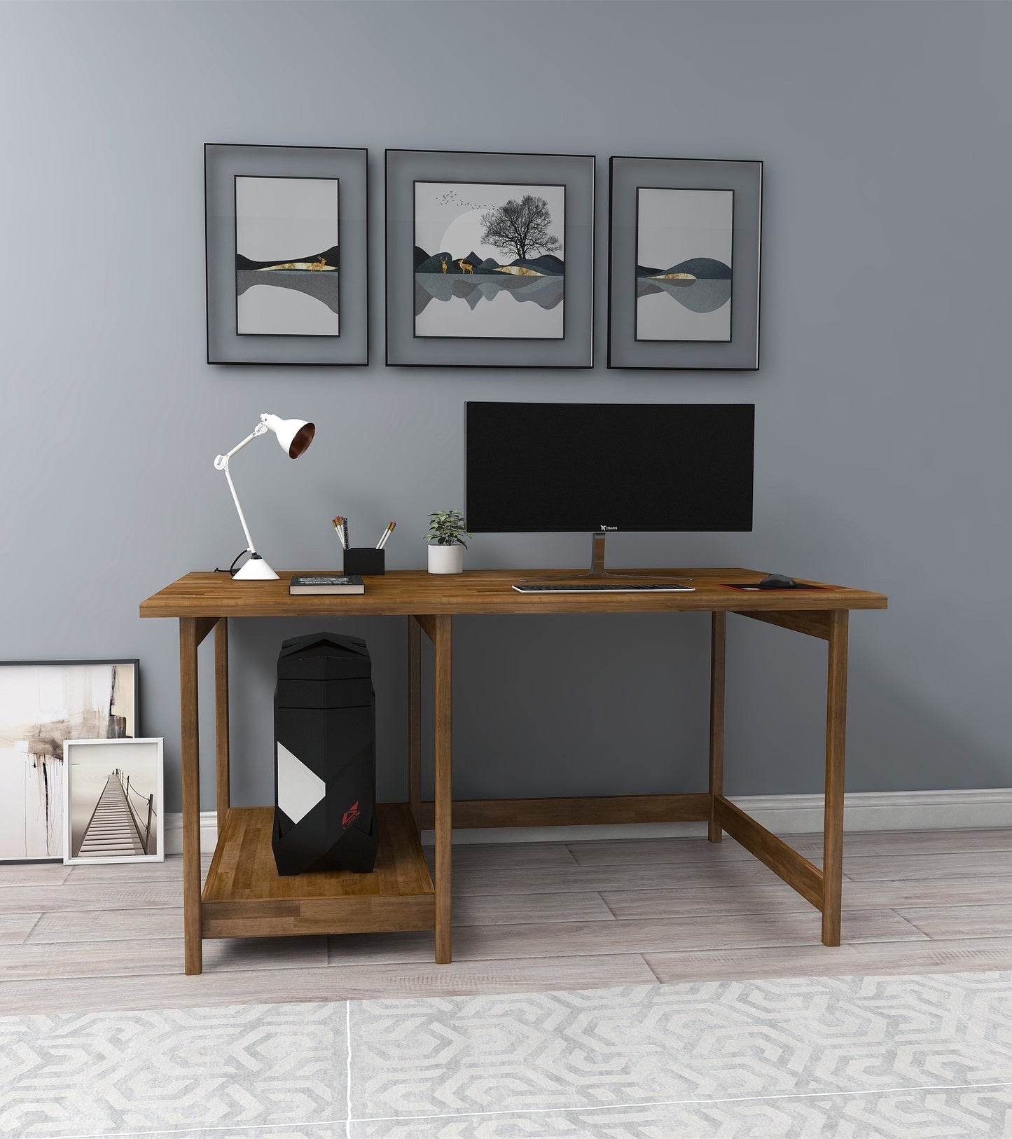 Solid Pine Wood Wood Handmade Computer Desk with Shelf Faye