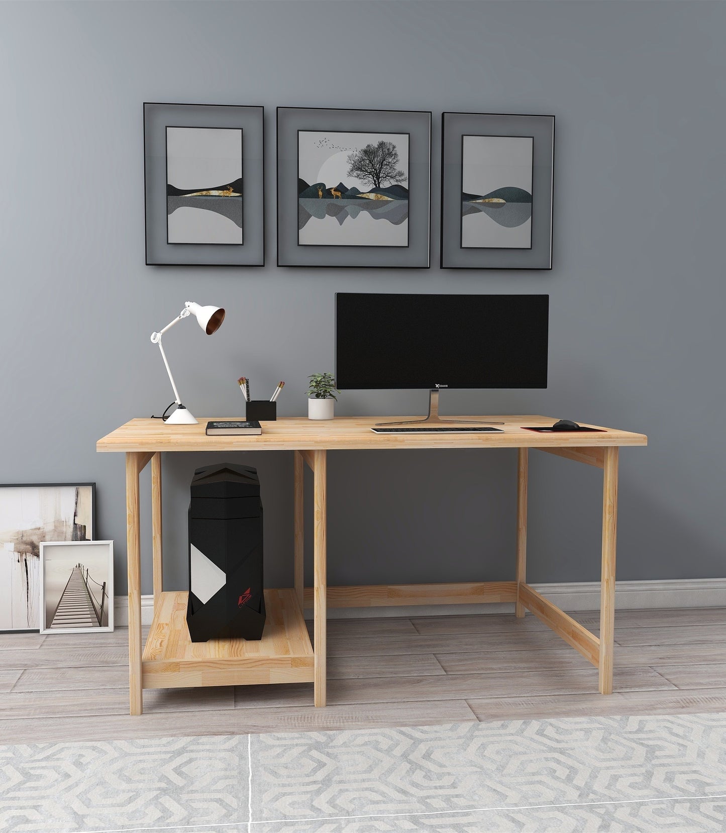 Solid Pine Wood Wood Handmade Computer Desk with Shelf Faye