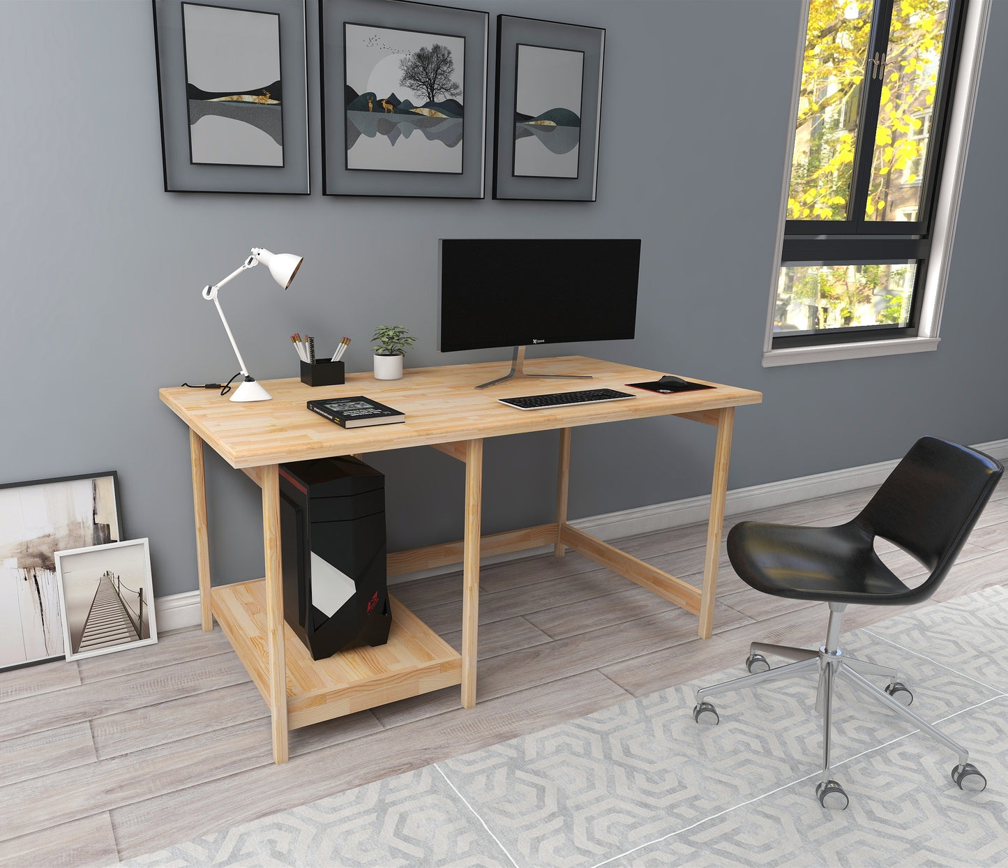 Solid Pine Wood Wood Handmade Computer Desk with Shelf Faye