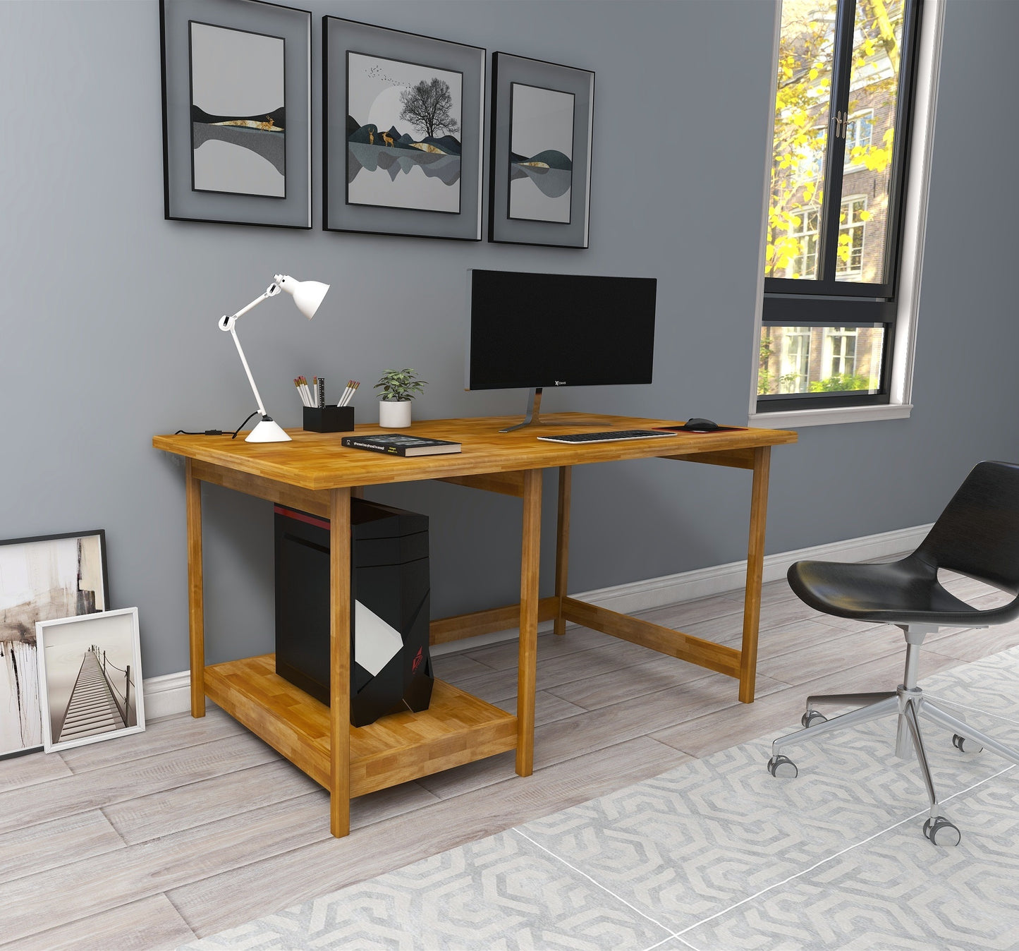 Solid Pine Wood Wood Handmade Computer Desk with Shelf Faye