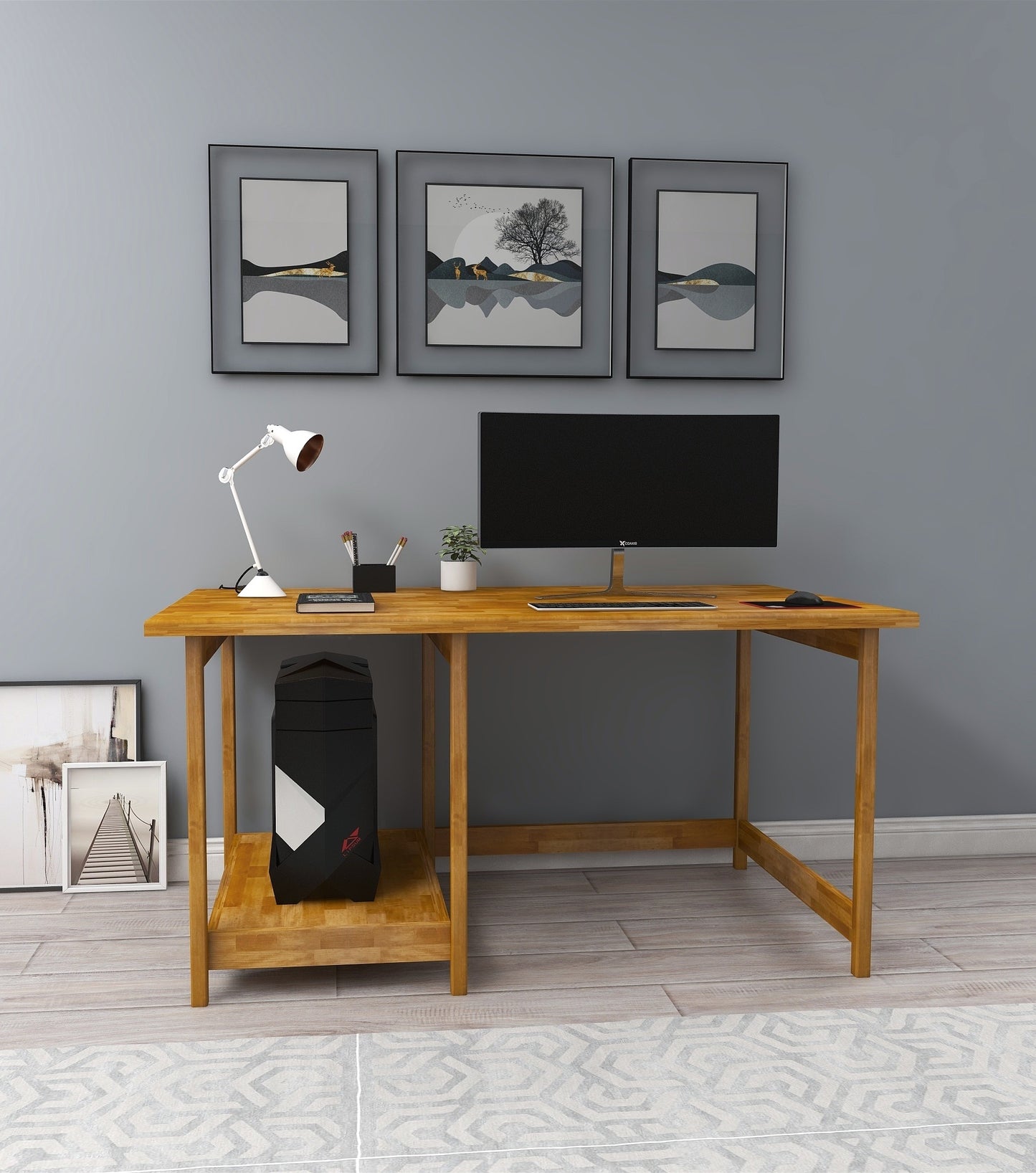 Solid Pine Wood Wood Handmade Computer Desk with Shelf Faye