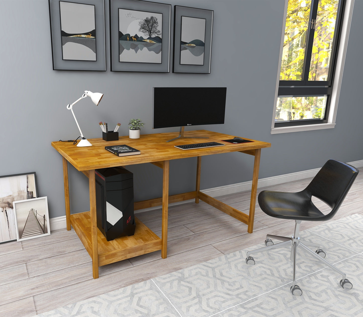 Solid Pine Wood Wood Handmade Computer Desk with Shelf Faye