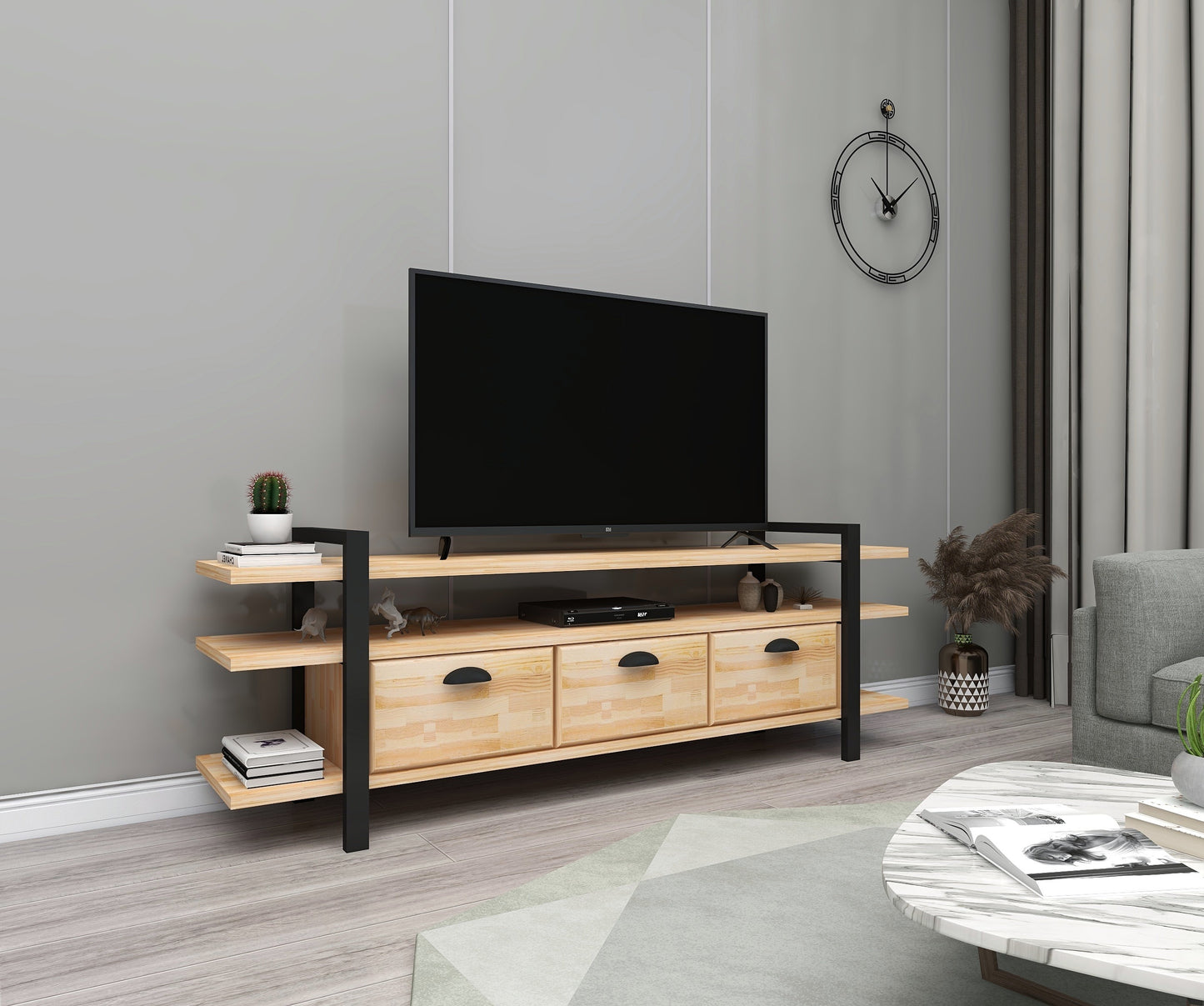 Handmade Solid Pine Wood Metal TV Stand and Media Console Miles