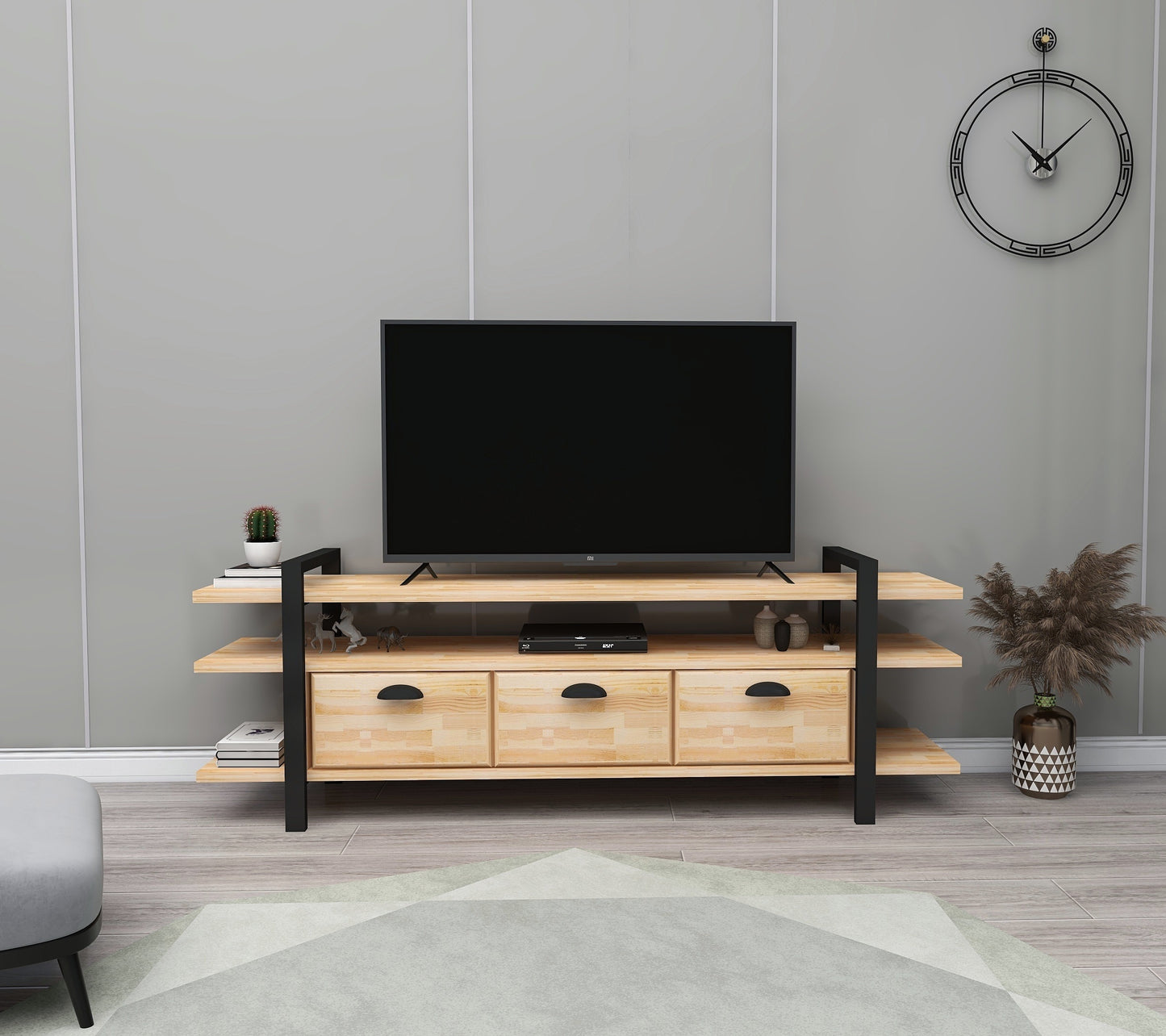 Handmade Solid Pine Wood Metal TV Stand and Media Console Miles
