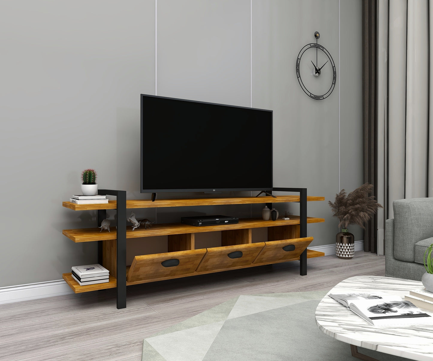 Handmade Solid Pine Wood Metal TV Stand and Media Console Miles