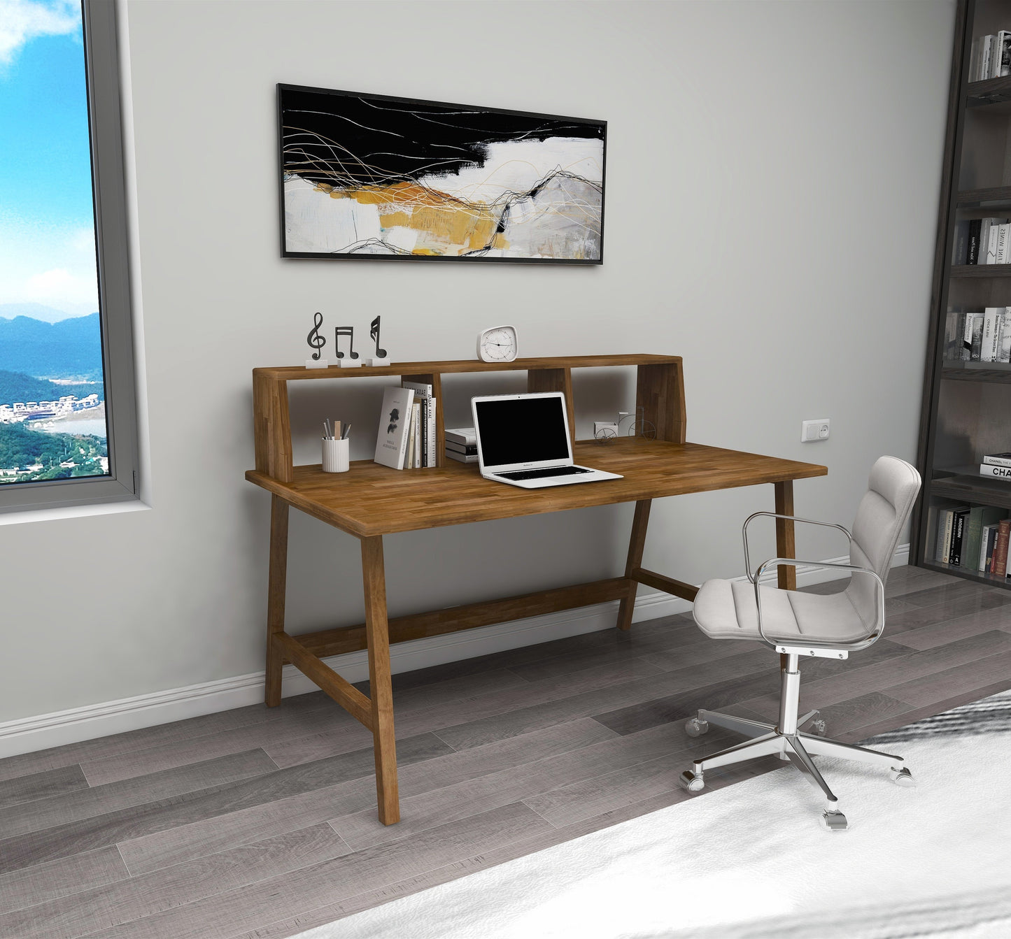 Lumi Solid Pine Wood Handmade Computer Desk with Front Bar Shelf