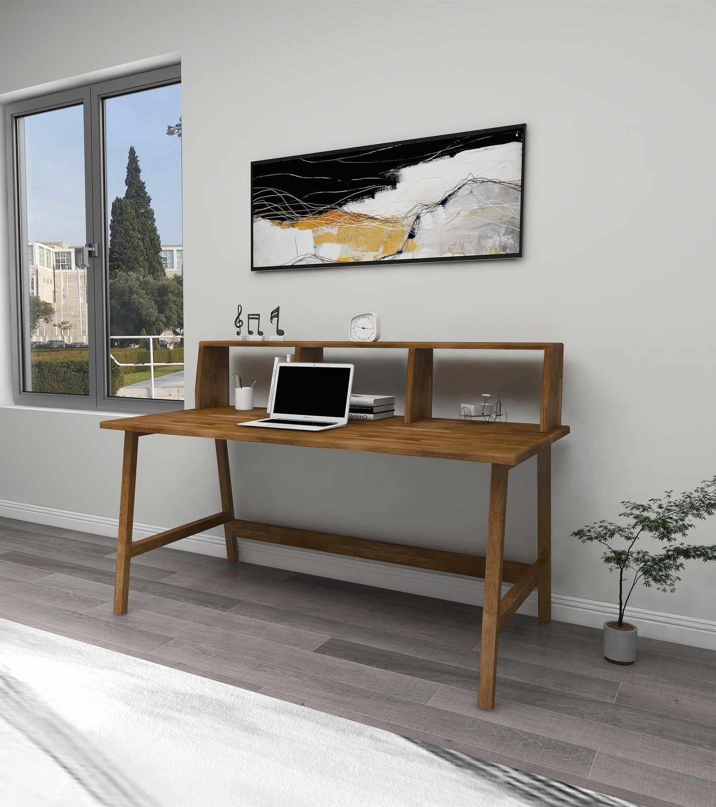 Lumi Solid Pine Wood Handmade Computer Desk with Front Bar Shelf