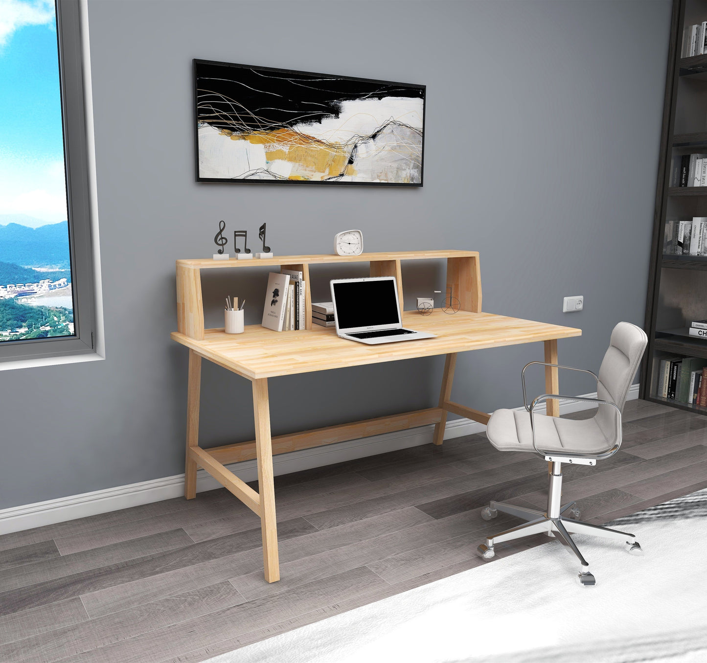 Lumi Solid Pine Wood Handmade Computer Desk with Front Bar Shelf