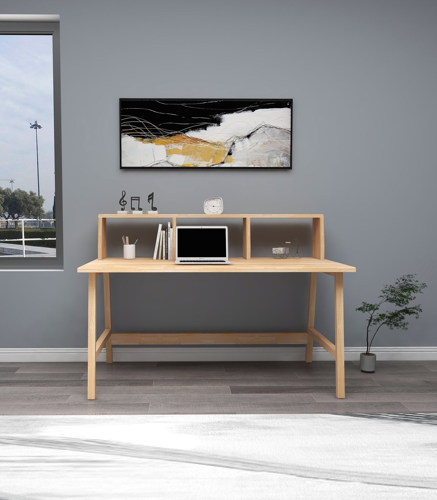 Lumi Solid Pine Wood Handmade Computer Desk with Front Bar Shelf