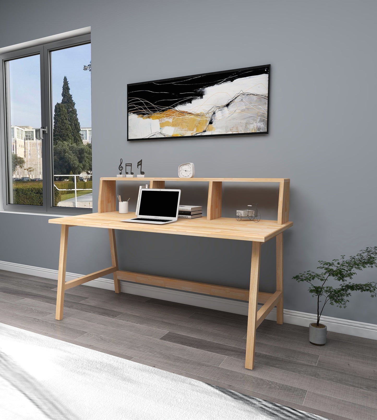 Lumi Solid Pine Wood Handmade Computer Desk with Front Bar Shelf