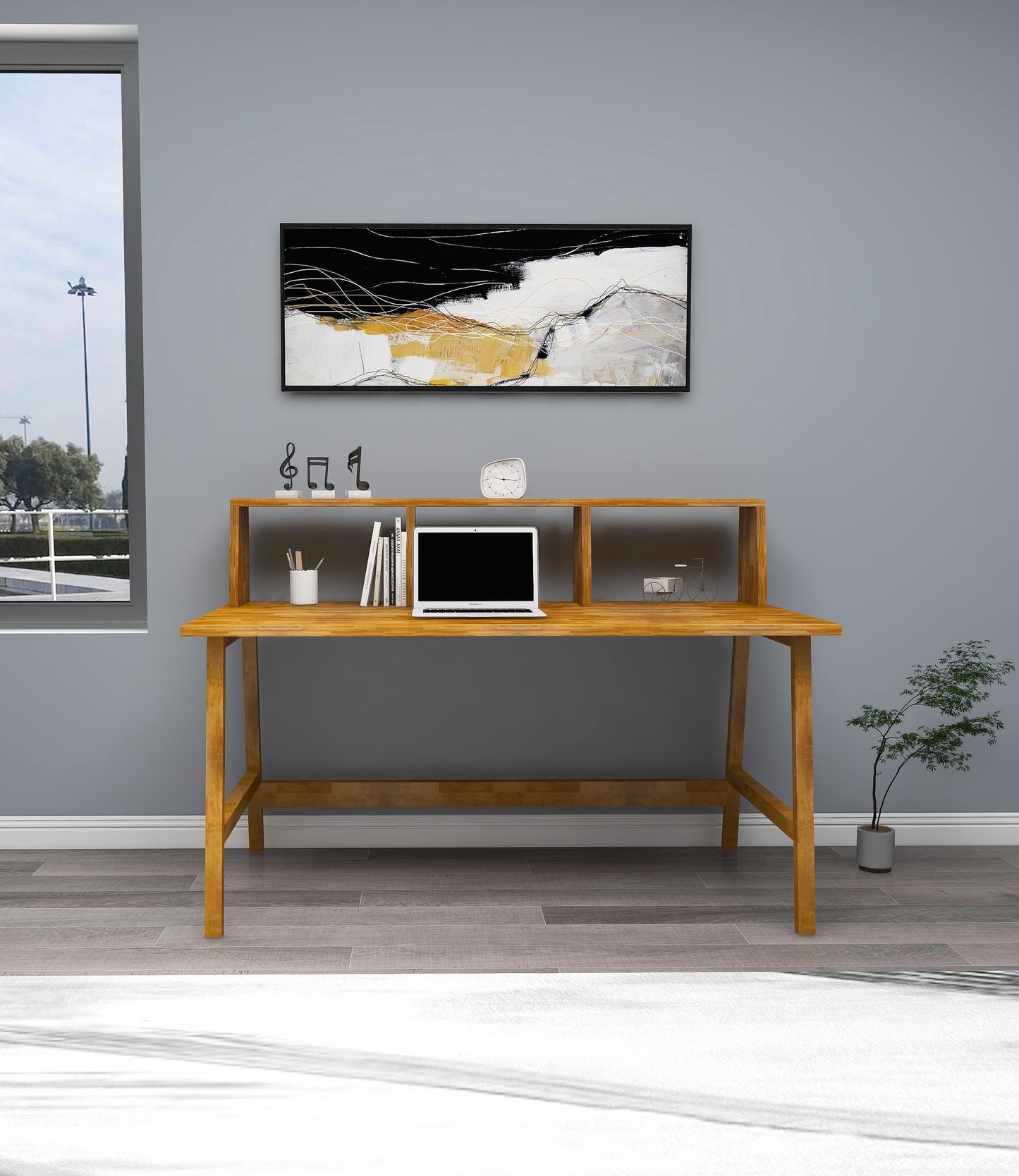 Lumi Solid Pine Wood Handmade Computer Desk with Front Bar Shelf