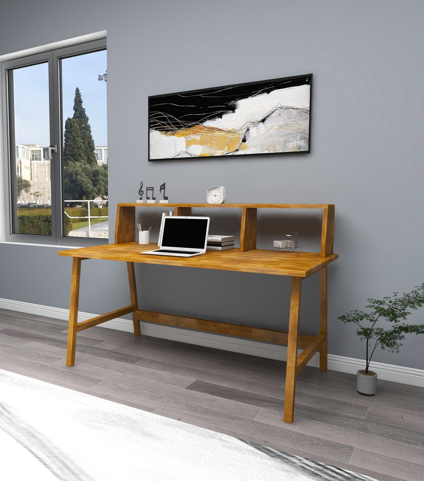Lumi Solid Pine Wood Handmade Computer Desk with Front Bar Shelf
