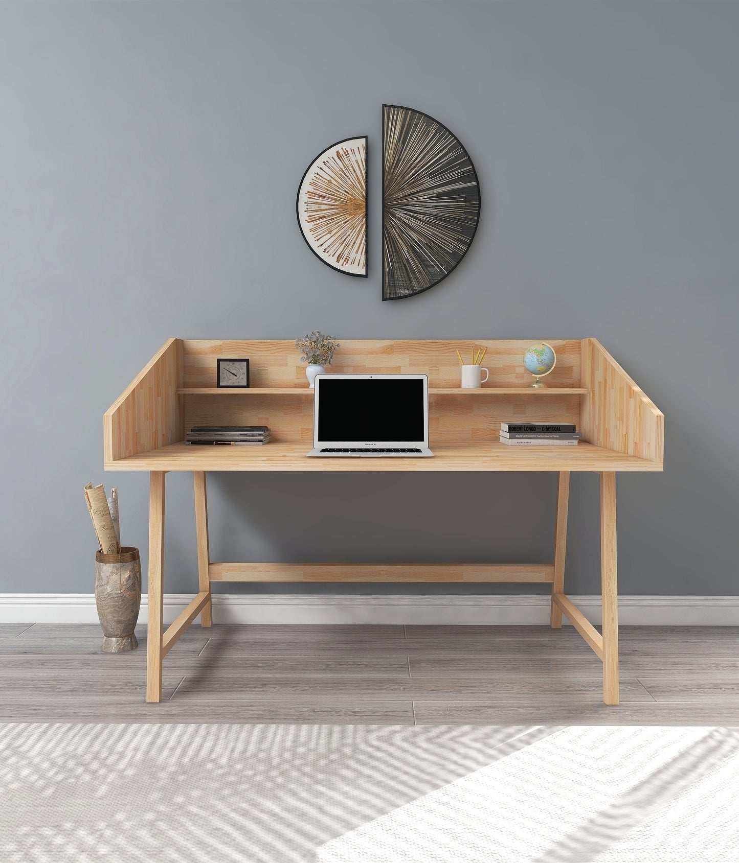 Pine Wood Wood Handmade Computer Desk with Front Bar Shelf Nashy