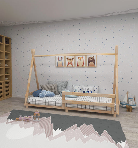 Cama de madera maciza de pino hecha a mano Montessori con estructura de cama Nanala