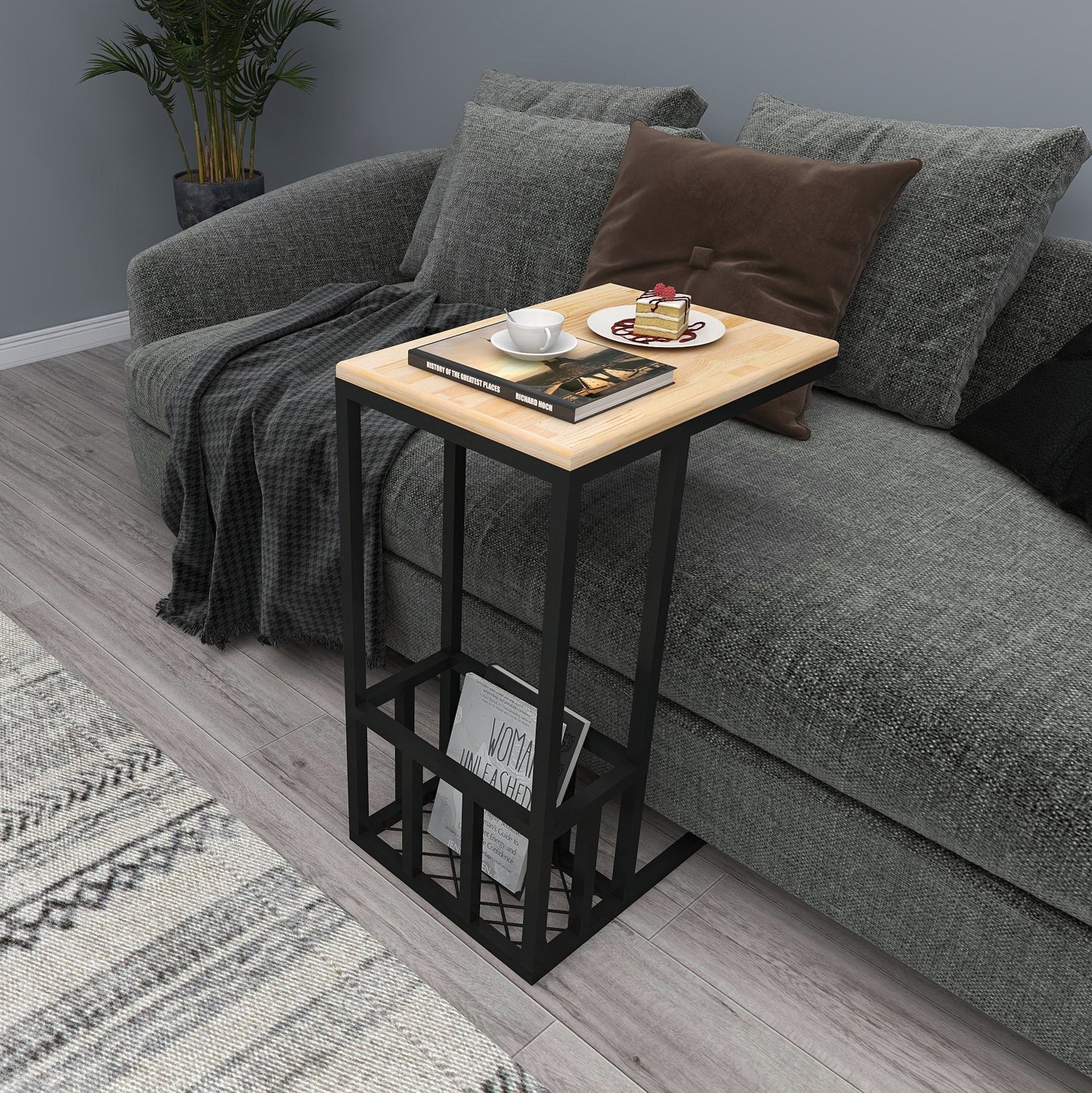 Solid Pine Wood Metal Handmade C-Shape Side Table End Table Coffee Table Romy