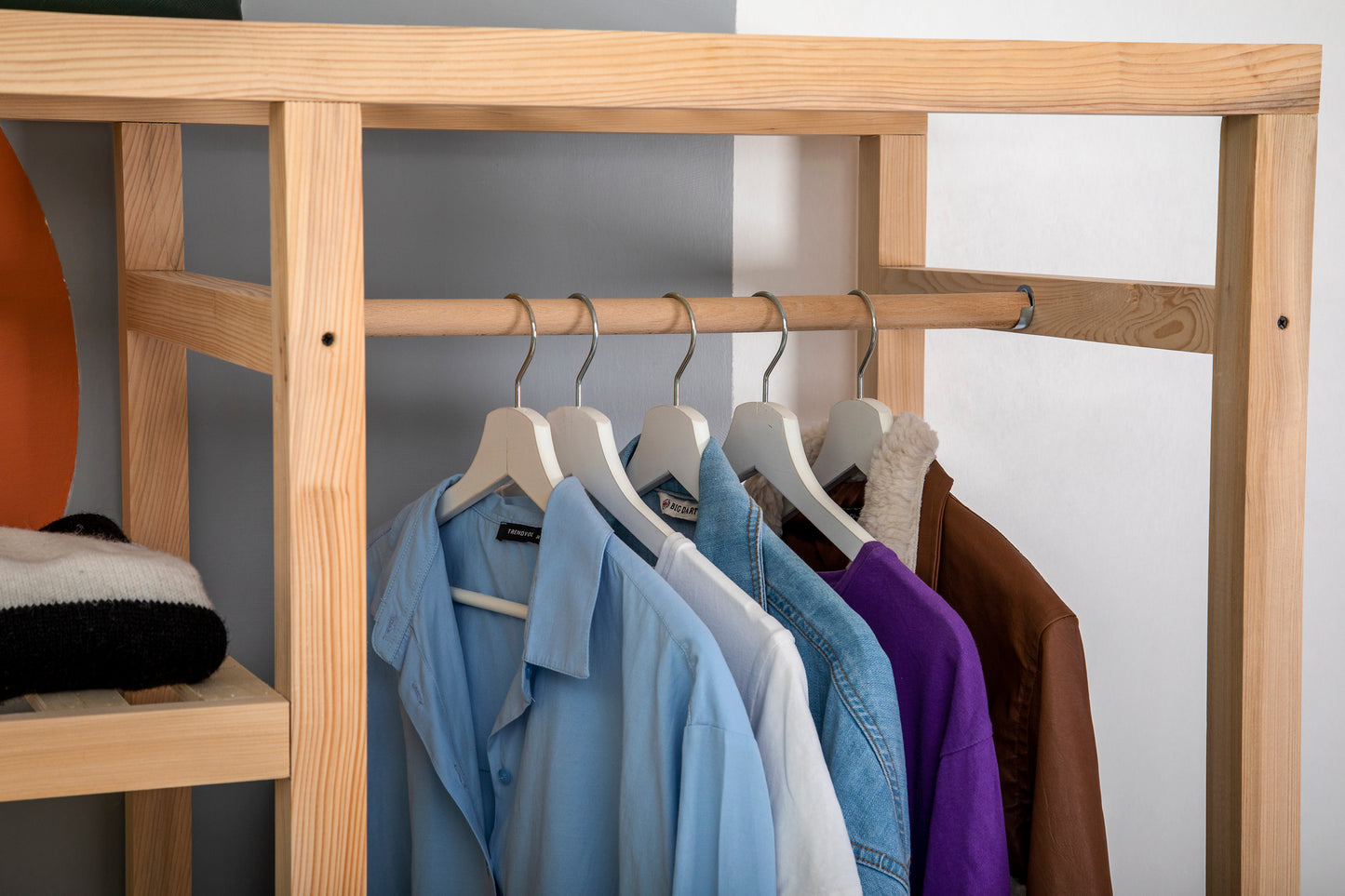 Solid Pine Wood Handmade Open Wardrobe with Shelves and Hanger Randa 55