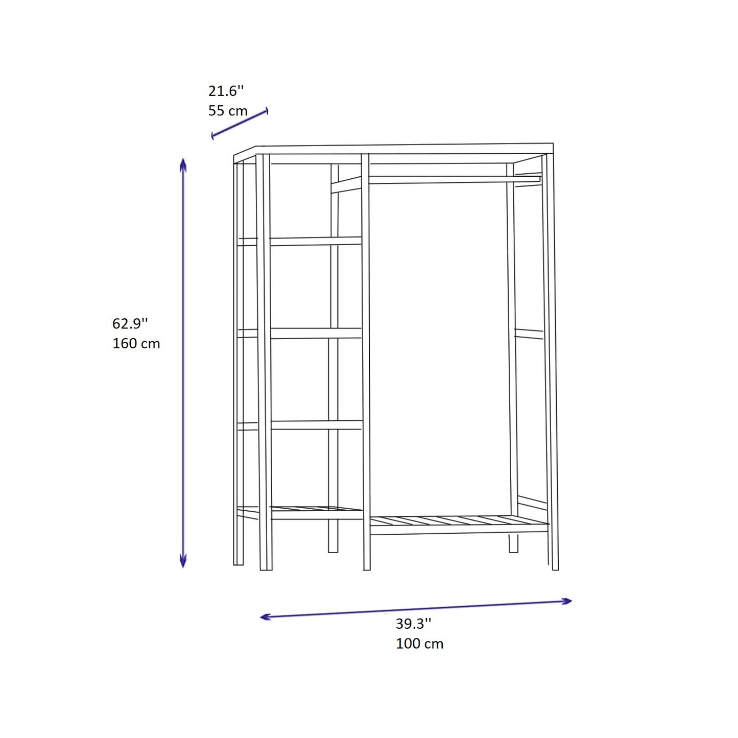 Solid Pine Wood Handmade Open Wardrobe with Shelves and Hanger Randa 55