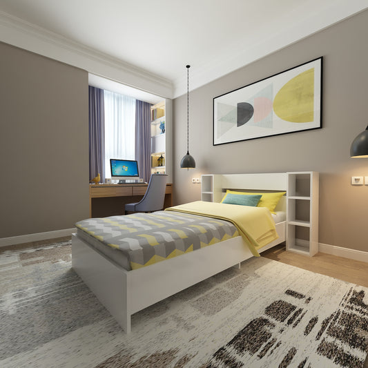 Estructura de cama con listones de metal y estantes de almacenamiento Erica
