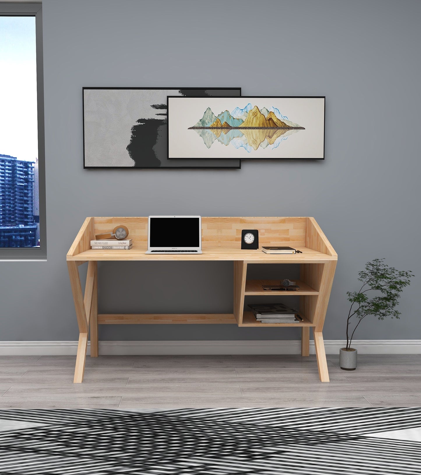 Solid Pine Wood Handmade Computer Desk with Front Bar and Shelves Ivo