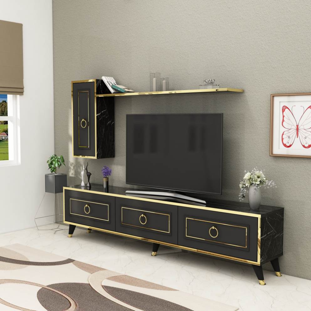 Frida TV Stand and Entertainment Center with Cabinets and Wall Shelf for TVs up to 75"