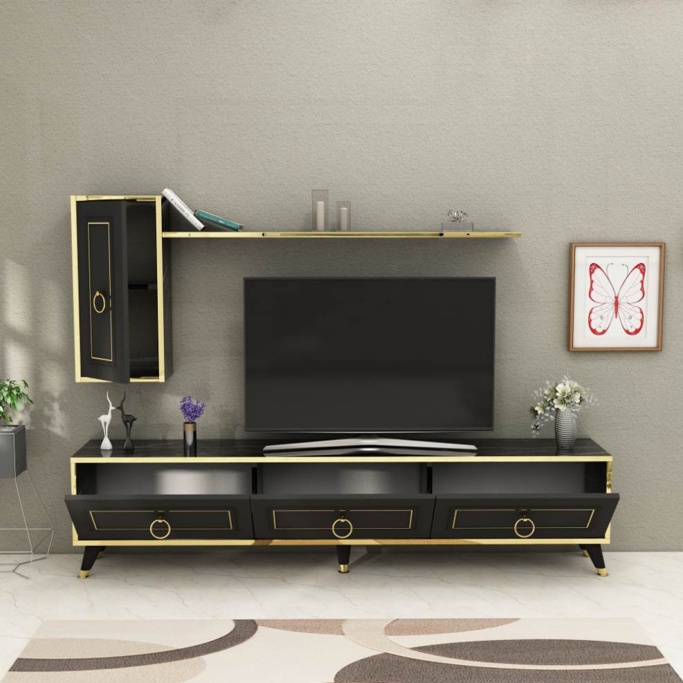 Frida TV Stand and Entertainment Center with Cabinets and Wall Shelf for TVs up to 75"