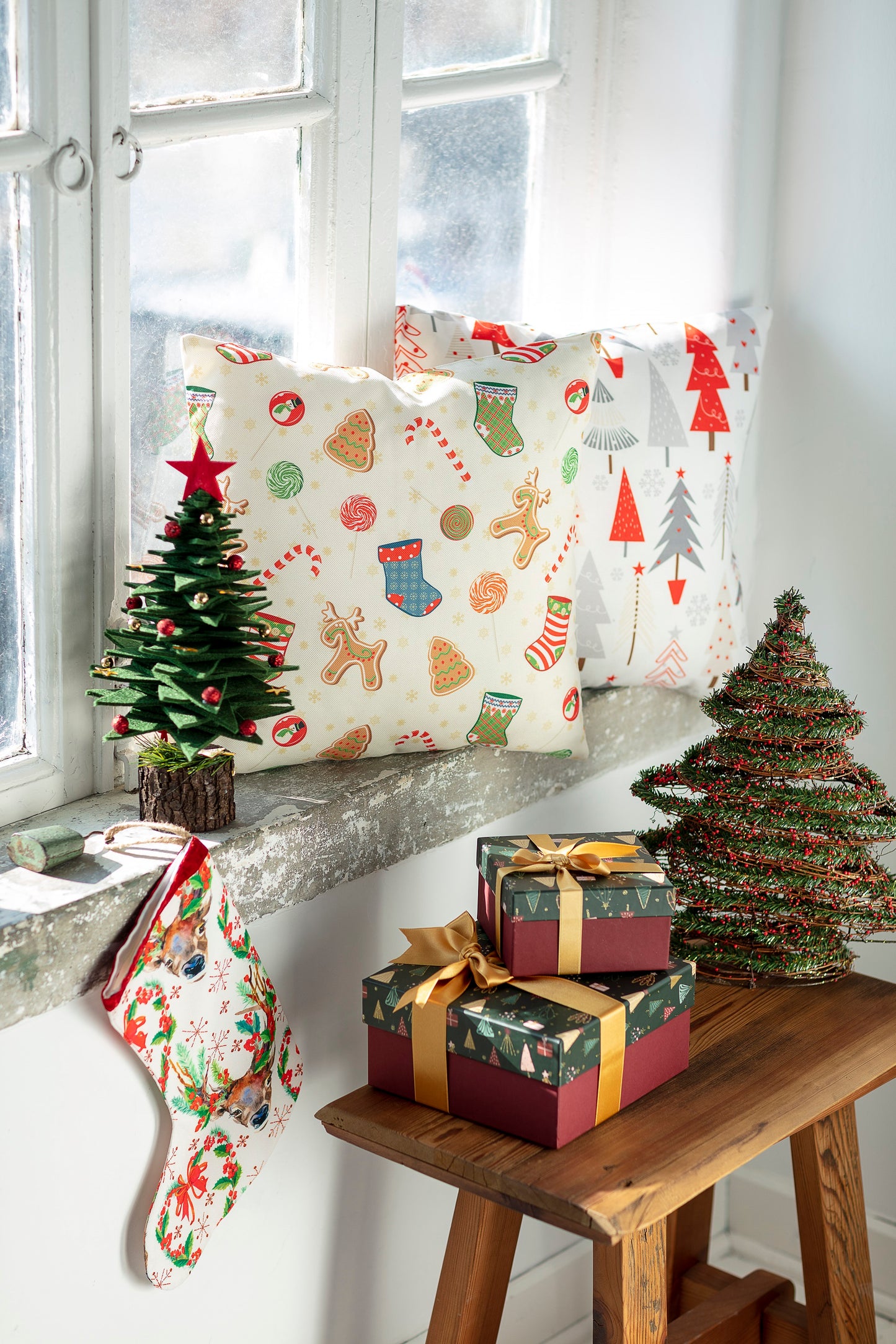 Christmas Themed White Cushion Throw Pillow