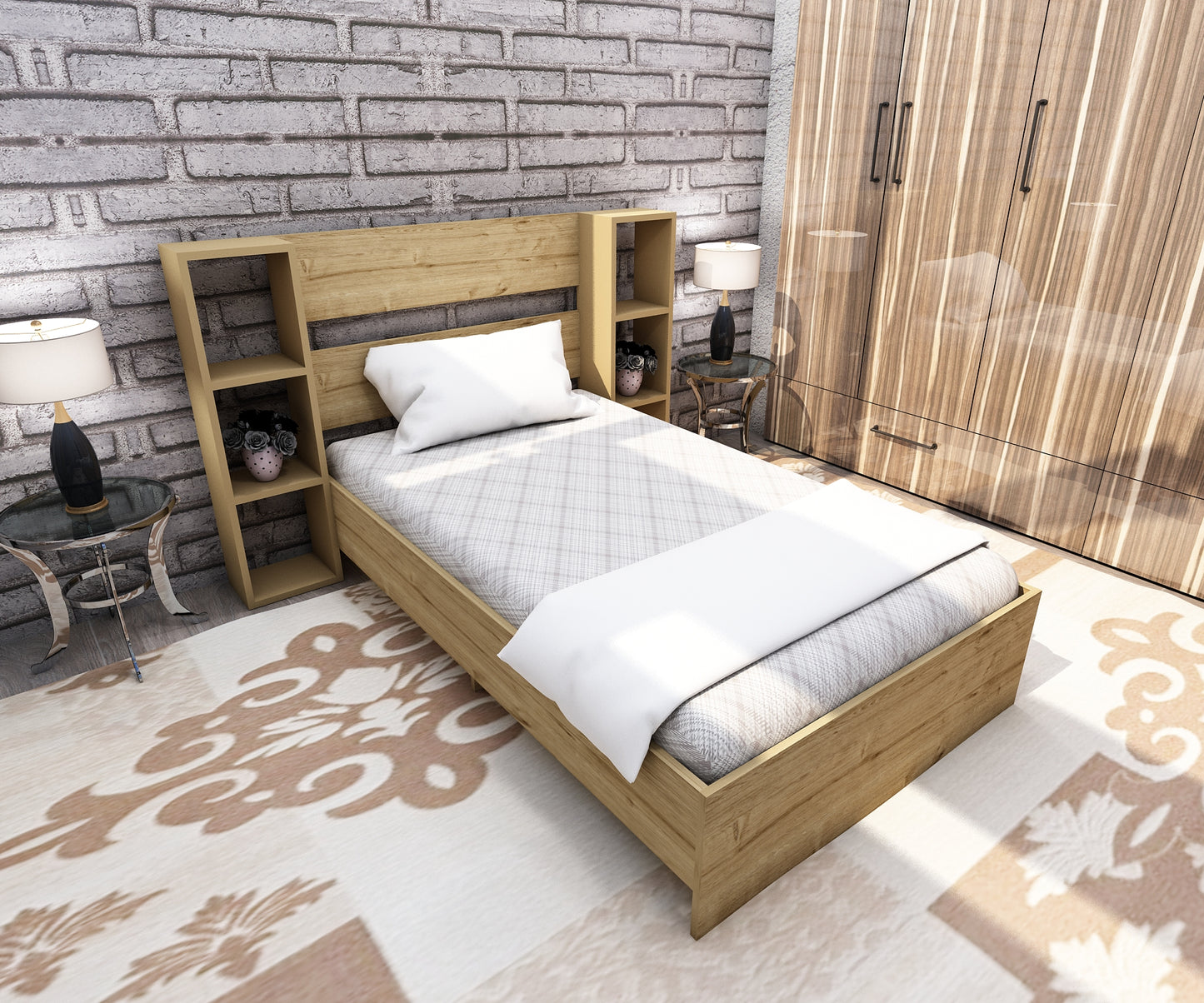 Bedstead Bed Frame with Metal Slats and Storage Shelves Erica